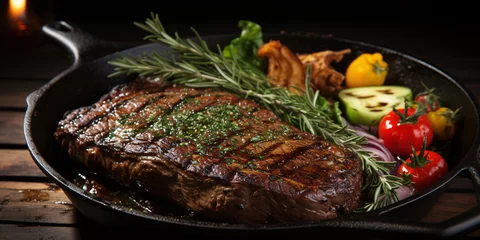  Delectable beef steak sizzling on a cast iron skillet.. © ckybe