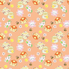 Cat and Cafe seamless pattern sweet bakery blossom botanical digital clipart