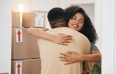 Happy couple, hug and real estate in new home, moving in or boxes for investment or ownership...