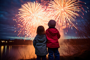 kids watching fireworks on years eve - 645354502