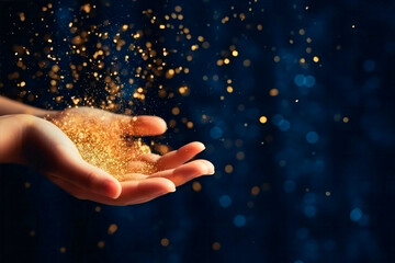 Kids hand with golden bokeh light particles. Holiday concept.