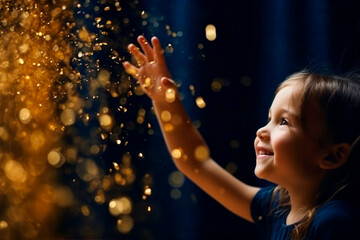 Happy kids with golden bokeh light particles. Holiday concept. - 645354556