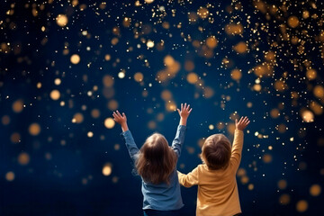 Happy kids with golden bokeh light particles. Holiday concept. - 645354572