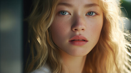 Naklejka premium Sun-Kissed Scandinavian Charm: Close-Up of a Freckled Blonde Woman, Embracing Natural Beauty in the Sunlight.