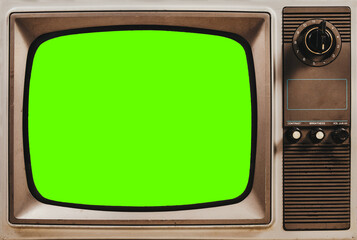 Front view of vintage old TV cut out green screen, close-up