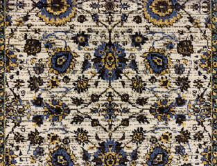 Rug carpet texture in baroque rococo and classical French European engravings and ornaments. Multi colors, blue, beige, cream, yellow, black. Classic rug background seamless texture.