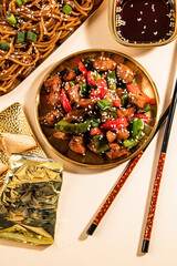 Chinese food with broccoli, fresh vegetable and nudle - 645355346