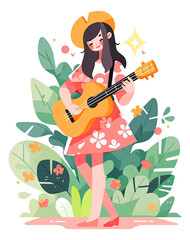 Cute woman playing guitar with nature cartoon isolated.