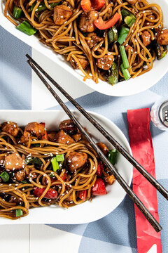Chinese food with broccoli, fresh vegetable and nudle