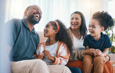 Family, grandparents and children on sofa laughing for bonding, relationship and funny conversation. Home, living room and grandmother, grandfather and kids together for happiness, love and relax