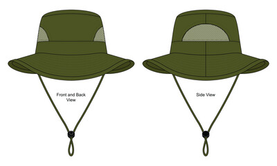 Military Green Bucket Hat With Mesh Sides View Template on White Background. Front and Back Views, Vector File.