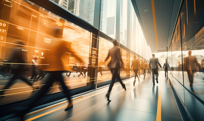 Bright business workplace with people in walking in blurred motion in modern office space