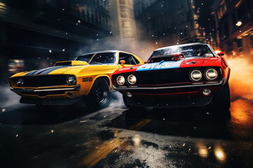 Two musclecars driving a race in a city. - obrazy, fototapety, plakaty