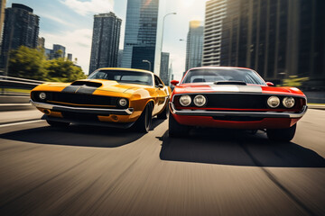 Two musclecars driving a race in a city. - obrazy, fototapety, plakaty