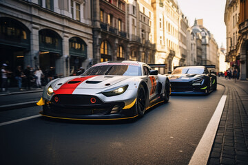 Two musclecars driving a race in a city.