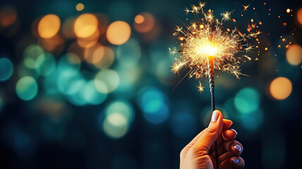 Burning sparkler in hand on background of golden bokeh lights in festive dark room happy new year. Generative Ai