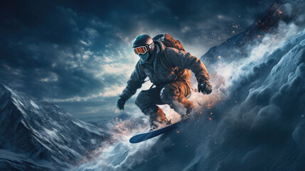 A snowboarder riding down a mountain at night with mountains in the background