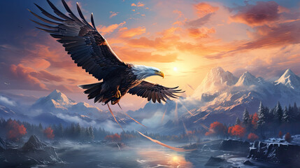an eagle flies over snowy mountains in winter - obrazy, fototapety, plakaty