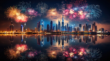New Year fireworks display in Dubai, UAE, Bright color. Generative Ai - obrazy, fototapety, plakaty