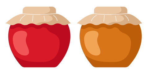 Jar with jam and honey. Vector set isolated on white background.