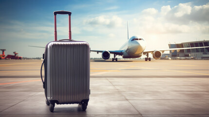 A suitcase on a runway with blurred airplane in the background. Business travel concept. Sky background.