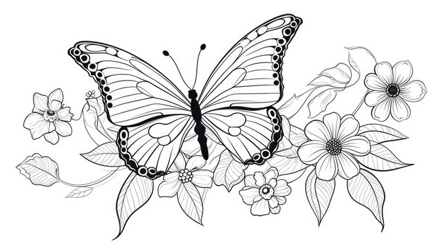 coloring page Butterfly and flowers
