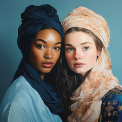 photorealistic image of two beautiful young women of different nationalities. multiculture, diversity.