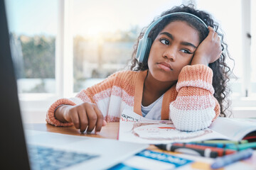 Child, headphones and girl tired of home school, e learning and future online education. Thinking,...