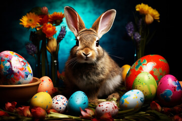 Bunny with Easter eggs. Generative AI