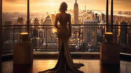 Mulher bem sucedida dourada em pé na varanda de luxo,  silhueta feminina rica ao pôr do sol na cidade de Nova York - obrazy, fototapety, plakaty