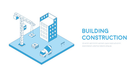 Building construction stroke illustration. Outline isometric concept. Construction site vector.