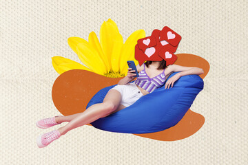 Artwork collage of girl sit beanbag use smart phone like notification cover head big flower isolated on paper background