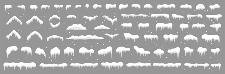 Snow caps, snowballs and snowdrifts set template - obrazy, fototapety, plakaty