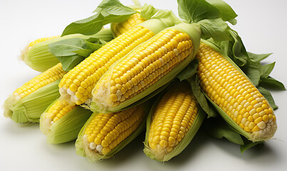 Fresh corn with green leaves on a white background.