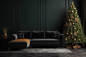 living room with christmas tree and sofa