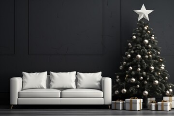 living room with christmas tree and sofa