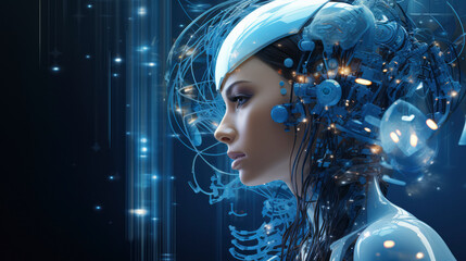 An abstract fusion of technology and human intelligence: A futuristic portrait of a young woman symbolizing the future of AI and cyber innovation