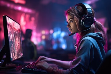 Cybersport. Girl playing professional videogames with headphones.