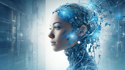 An abstract fusion of technology and human intelligence: A futuristic portrait of a young woman symbolizing the future of AI and cyber innovation