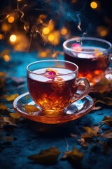 beautiful vintage cup of tea with colorful falling leaves - ai-generated