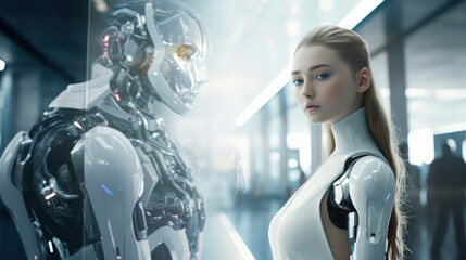 Fototapeta premium AI: A futuristic, cyborg-like figure with a mechanical arm and digital interface, symbolizing innovation in business and technology