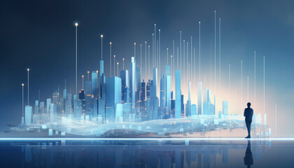 global financial growth and technological connectivity in a futuristic cityscape,dynamic skyline represents the epitome