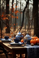 beautiful outdoor dining table with harvest decoration in blue and orange colors - ai-generated
