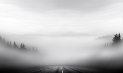 A dark and empty street in the mist.Panoramic view of the empty highway through the fields in a fog at night. Moonlight, clear sky. Sunrise. Europe. Transportation, logistics, travel, road trip, 