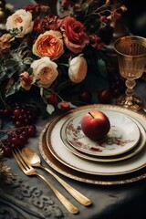 outdoor wedding table decoration in seasonal autumn colors - ai-generated