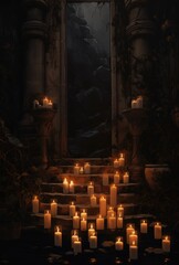 a fantasy gate into an enchanted forest with many candles placed on stepstones - ai-generated