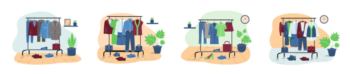 Clothes hanger rail. Cartoon casual garments and accessories