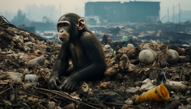 Ecological pollution of the environment by garbage waste and landfills near the habitat of animals. Monkeys survive in polluted natural areas. Made in AI