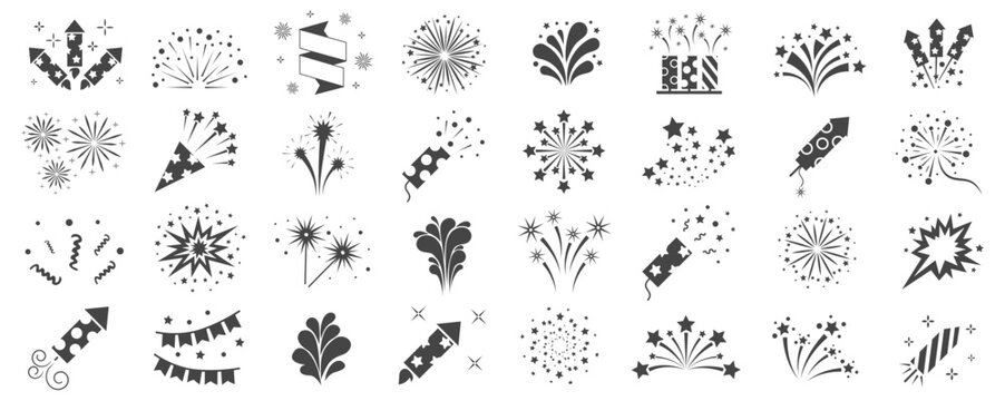 Set of firework icons, celebration, party, happy new year. Vector set