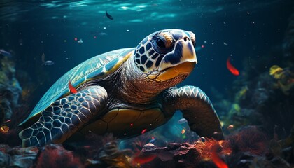 Pollution in the sea world of turtles, environmental problem with waste and garbage at the bottom of the sea. Made in AI